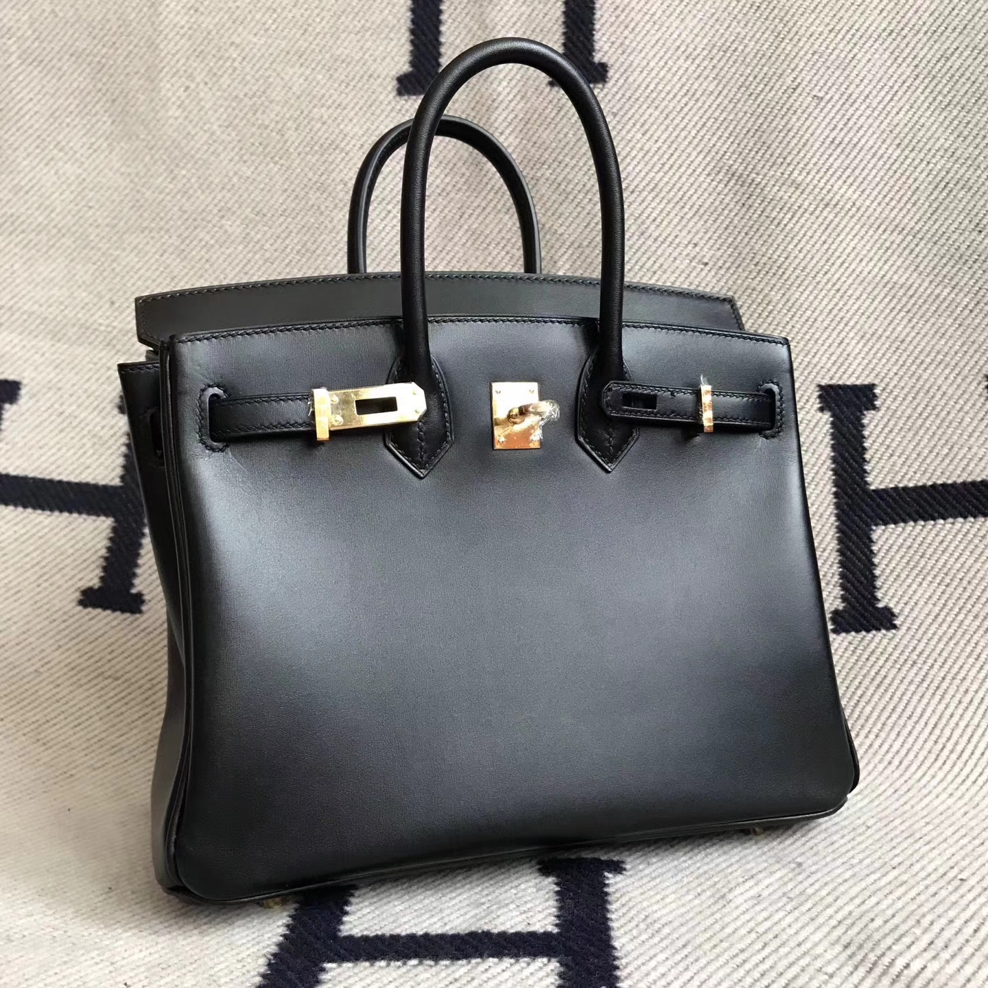Wholesale Hermes CK89 Black Box Calfskin Birkin Bag25cm Gold Hardware