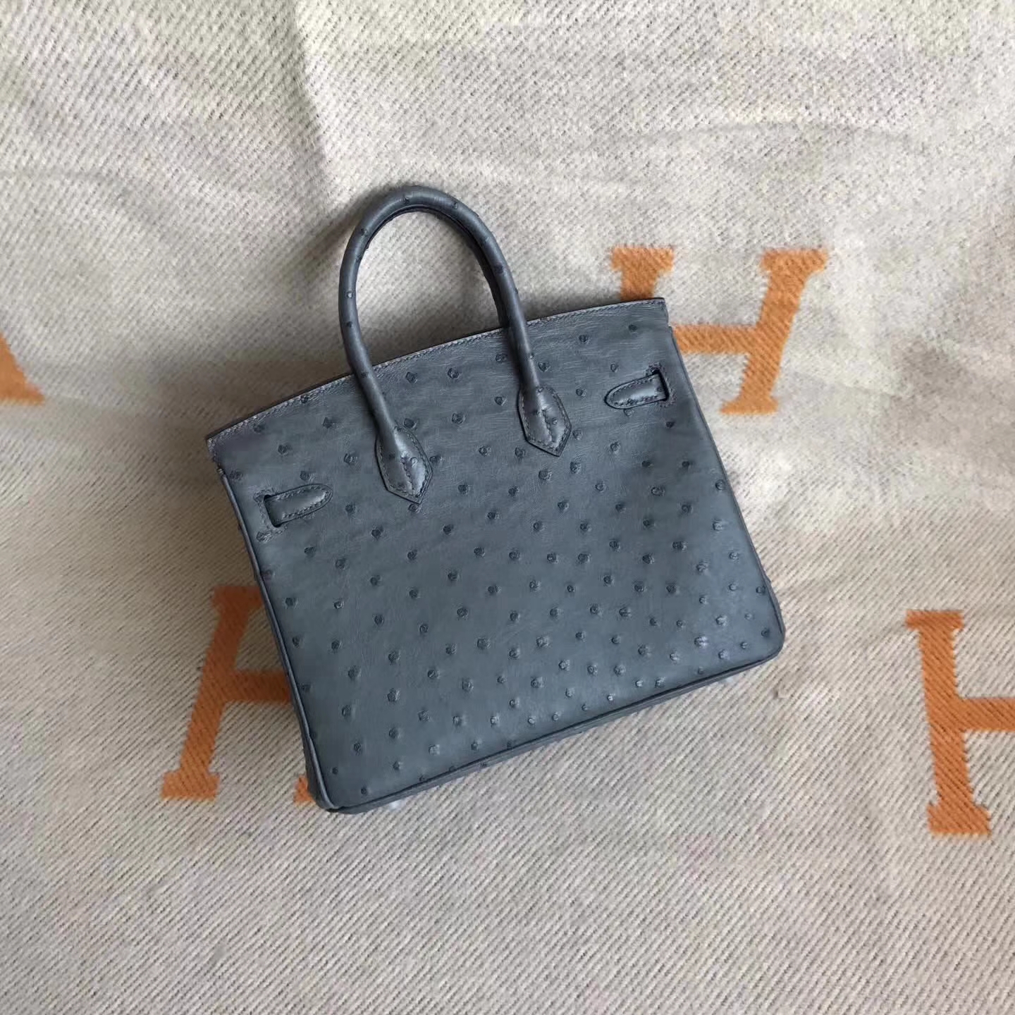Wholesale Hermes Ostrich Leather Birkin25cm Tote Bag in 8F Etain Grey