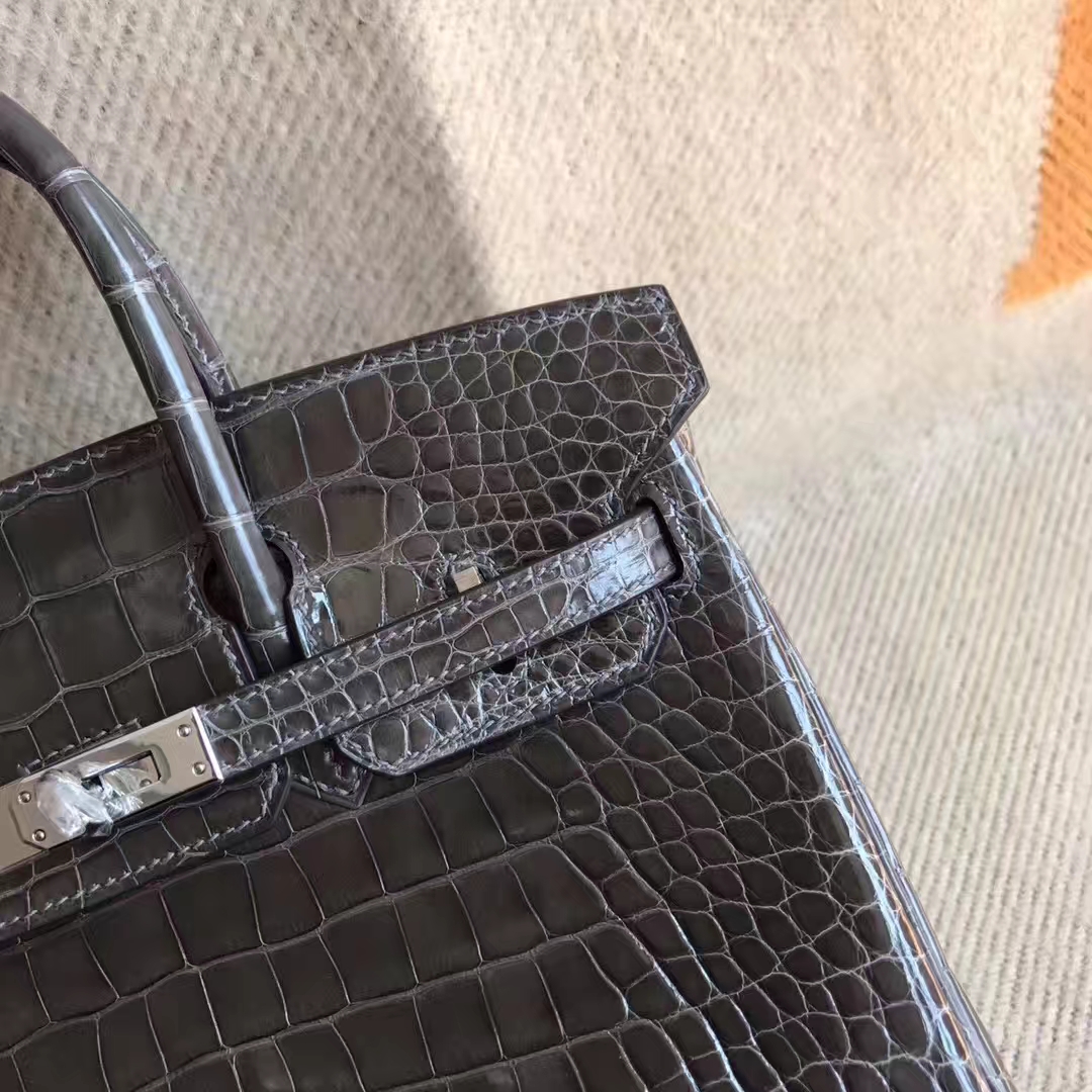 Luxury Hermes Alligator Shiny Birkin25cm Bag in CK88 Graphite Grey Silver Hardware