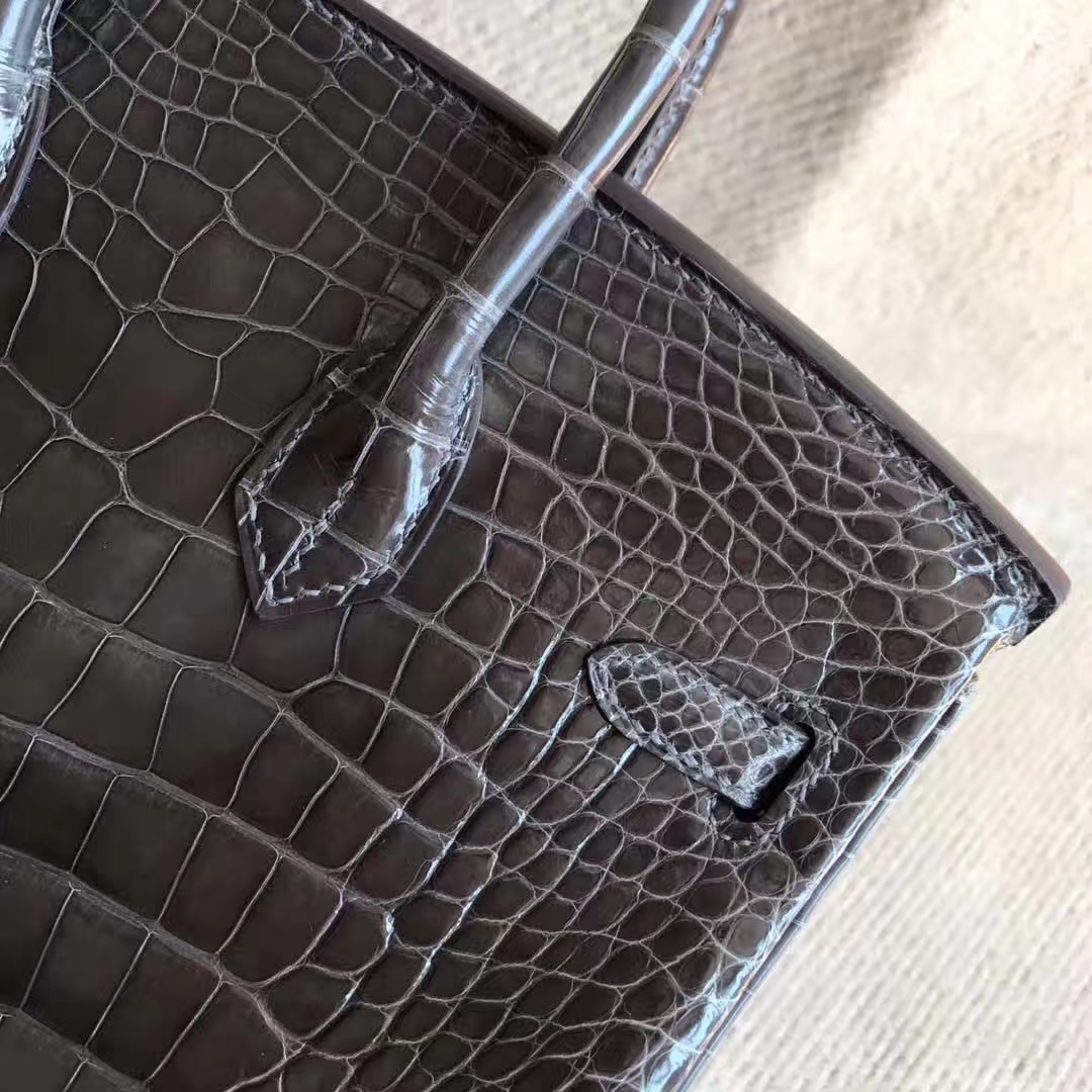 Luxury Hermes Alligator Shiny Birkin25cm Bag in CK88 Graphite Grey Silver Hardware