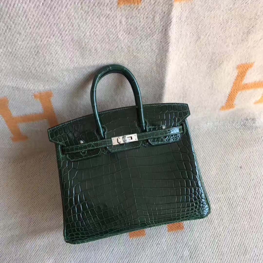 Wholesale Hermes Crocodile Shiny Leather Birkin Bag25cm in CK67 Vert Fonce