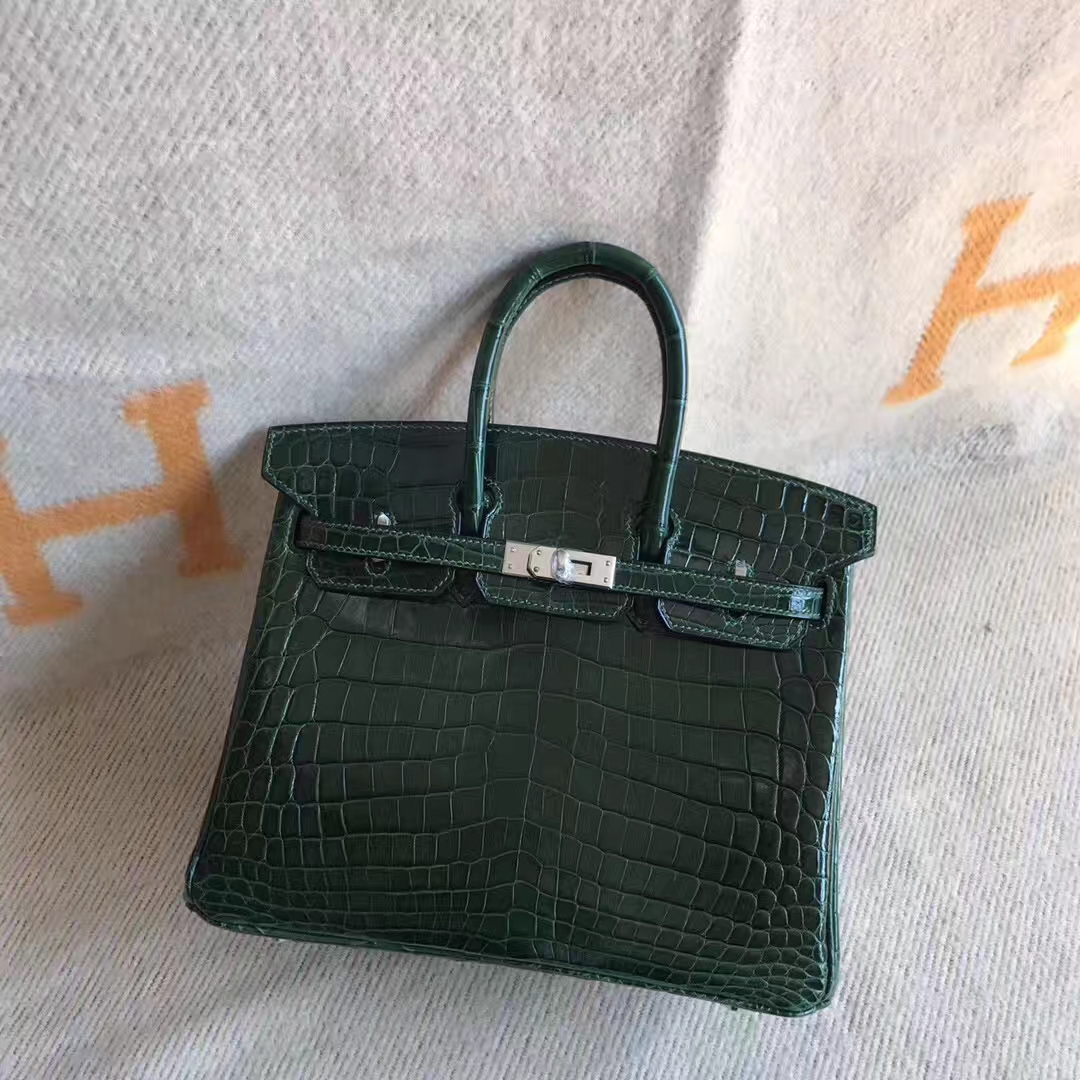 Wholesale Hermes Crocodile Shiny Leather Birkin Bag25cm in CK67 Vert Fonce