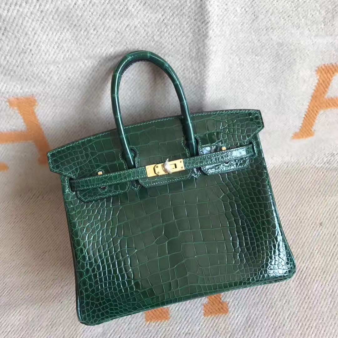 Luxury Hermes CK67 Vert Fonce Alligator Shiny Birkin Bag25CM Gold Hardware
