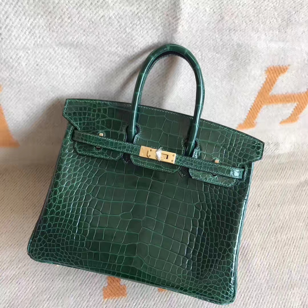 Luxury Hermes CK67 Vert Fonce Alligator Shiny Birkin Bag25CM Gold Hardware