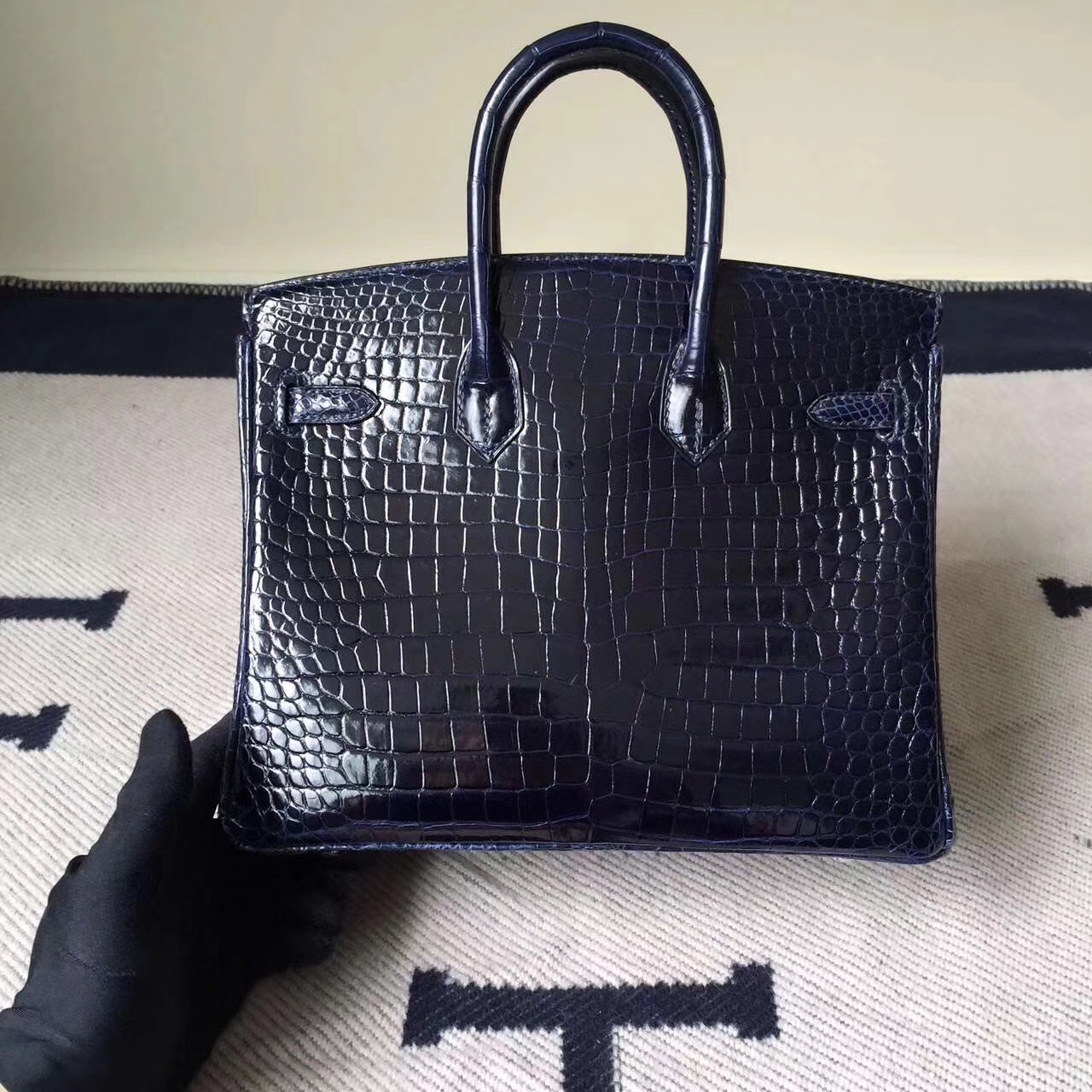 Wholesale Hermes 7K Dark Blue Shiny Porosus Crocodile Birkin25CM Bag