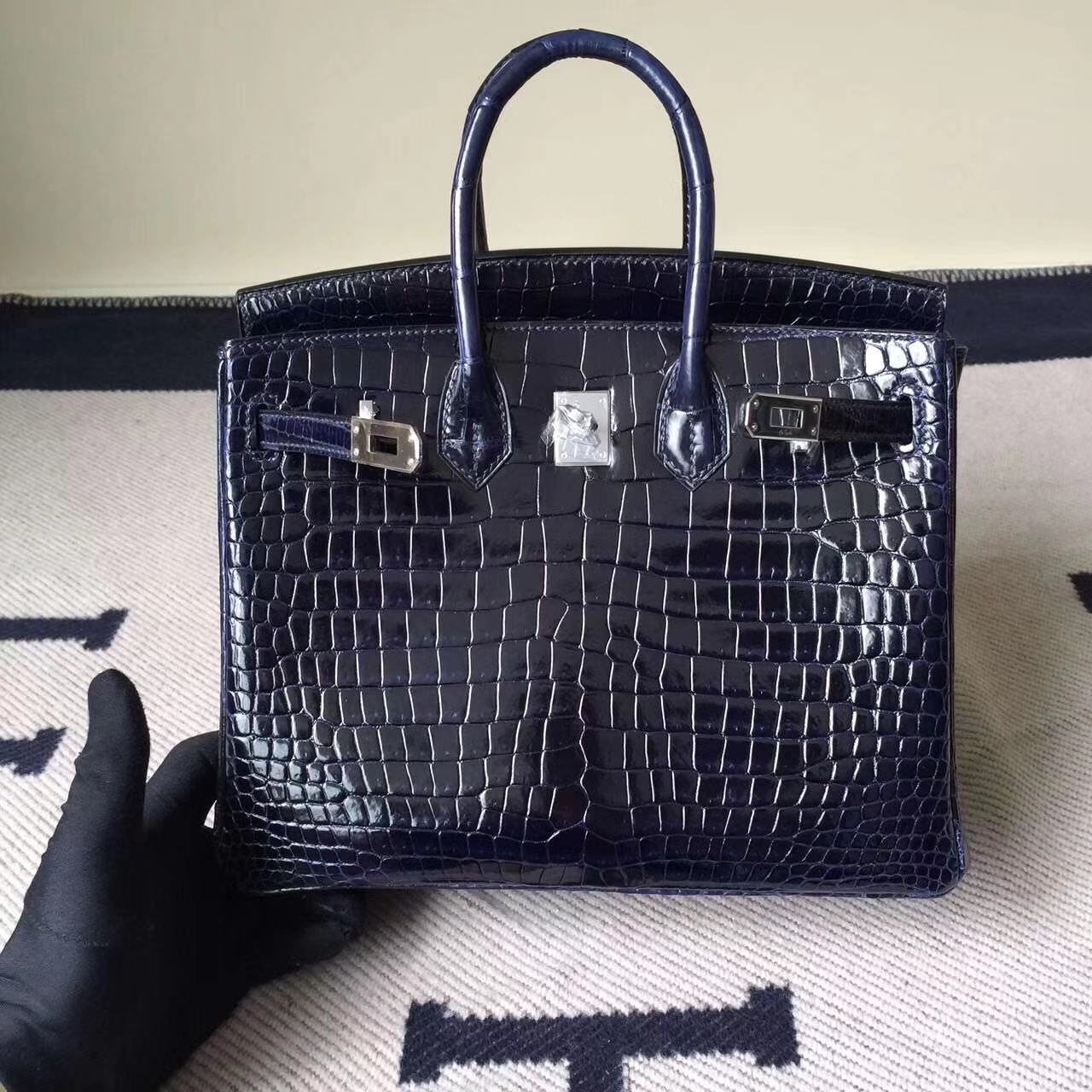 Wholesale Hermes 7K Dark Blue Shiny Porosus Crocodile Birkin25CM Bag