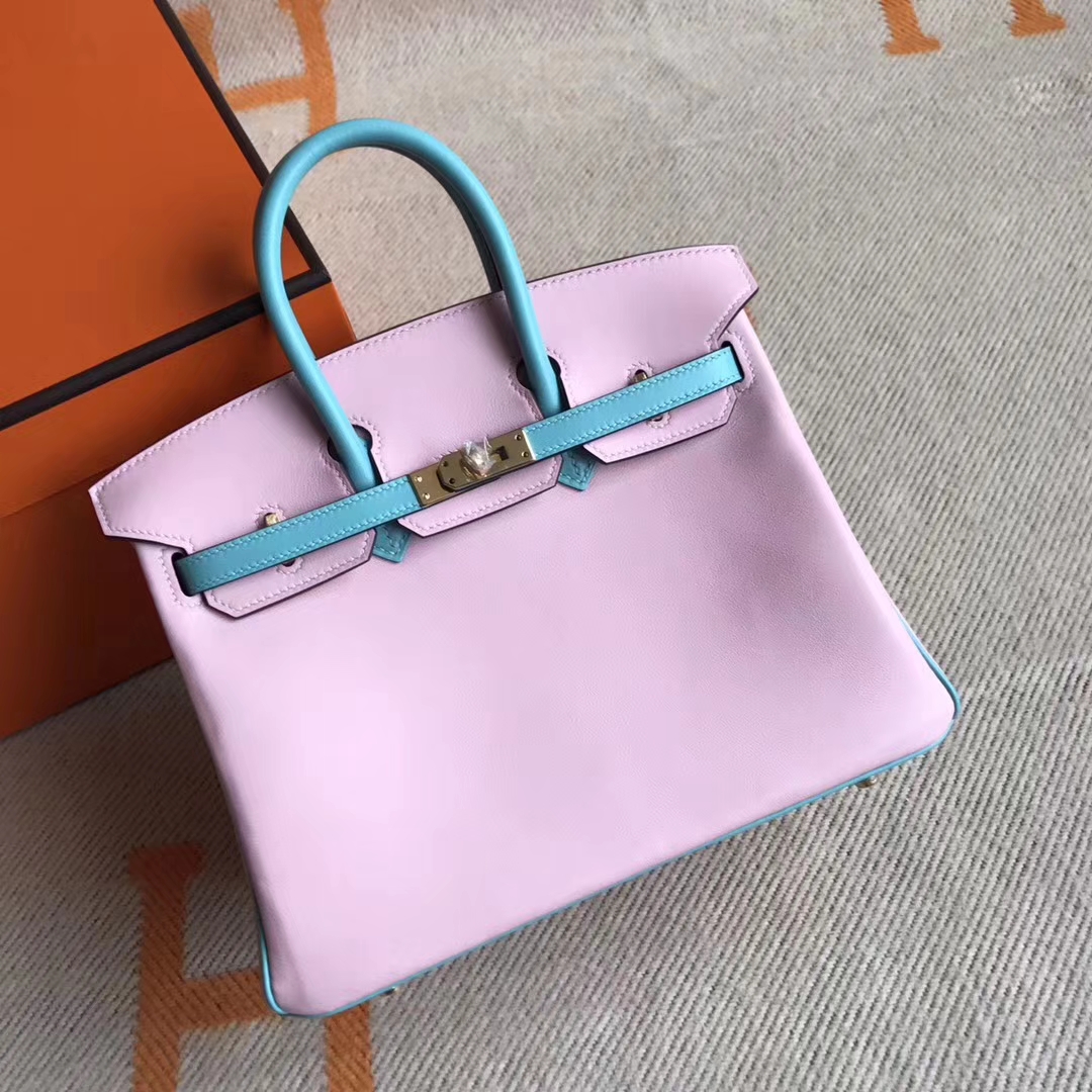 Sale Hermes 3Q New Pink &#038; 3P Blue Attol Swift Calfskin Birkin25CM Bag