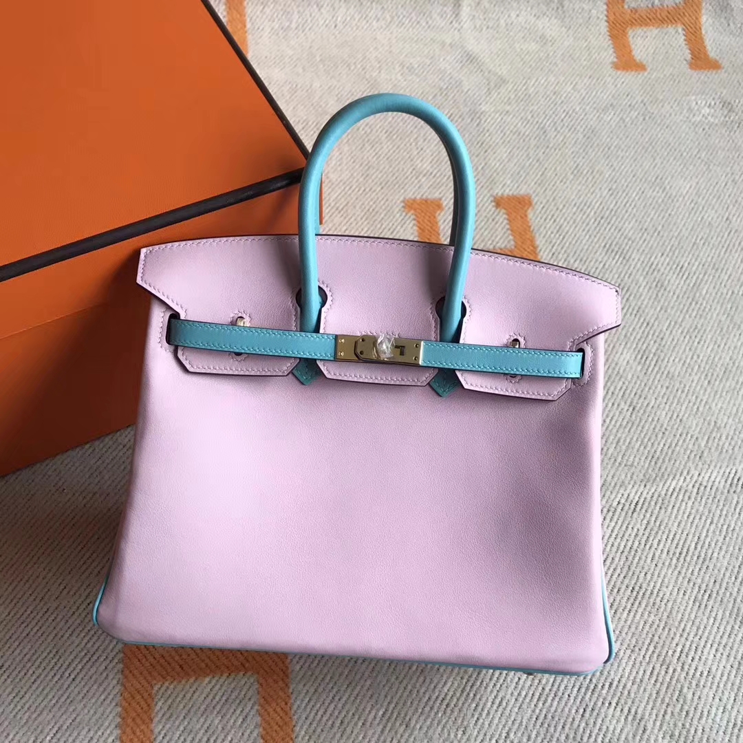 Sale Hermes 3Q New Pink &#038; 3P Blue Attol Swift Calfskin Birkin25CM Bag