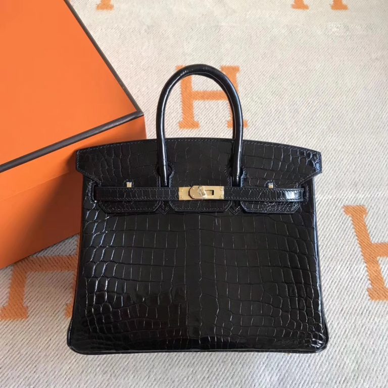 Hermes CK89 Black Crocodile Shiny Leather Birkin Tote Bag 25cm