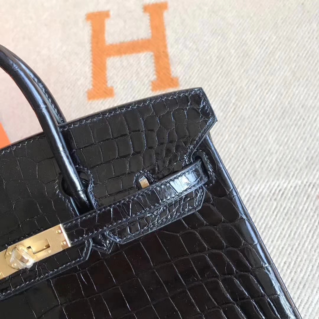 Fashion Hermes CK89 Black Crocodile Shiny Leather Birkin Tote Bag25cm