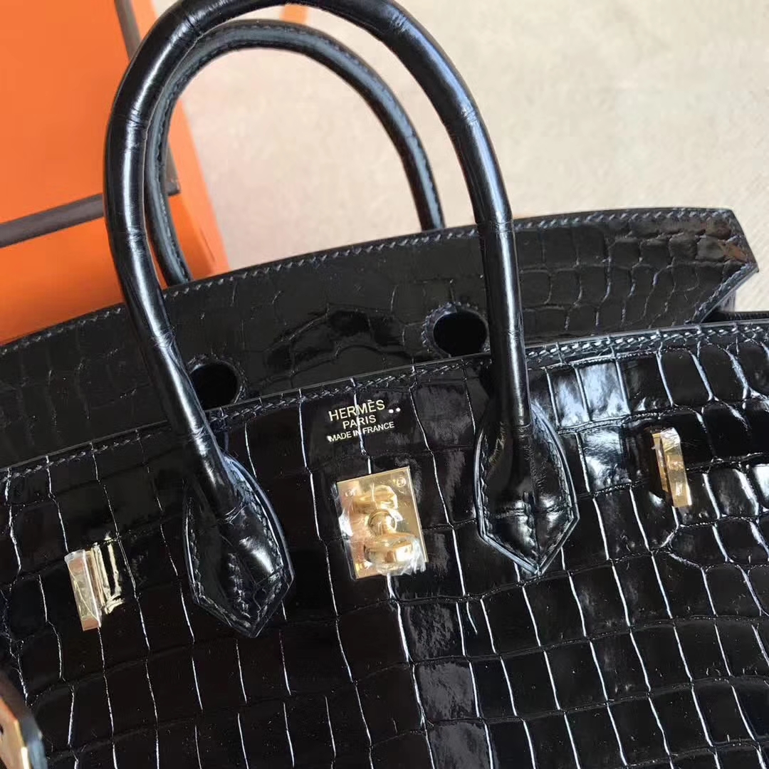 Fashion Hermes CK89 Black Crocodile Shiny Leather Birkin Tote Bag25cm