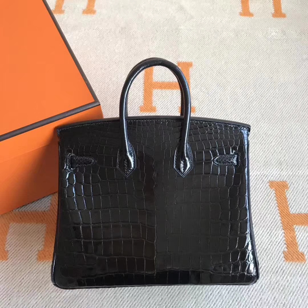 Fashion Hermes CK89 Black Crocodile Shiny Leather Birkin Tote Bag25cm