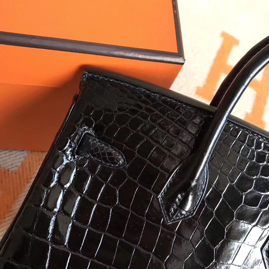 Fashion Hermes CK89 Black Crocodile Shiny Leather Birkin Tote Bag25cm
