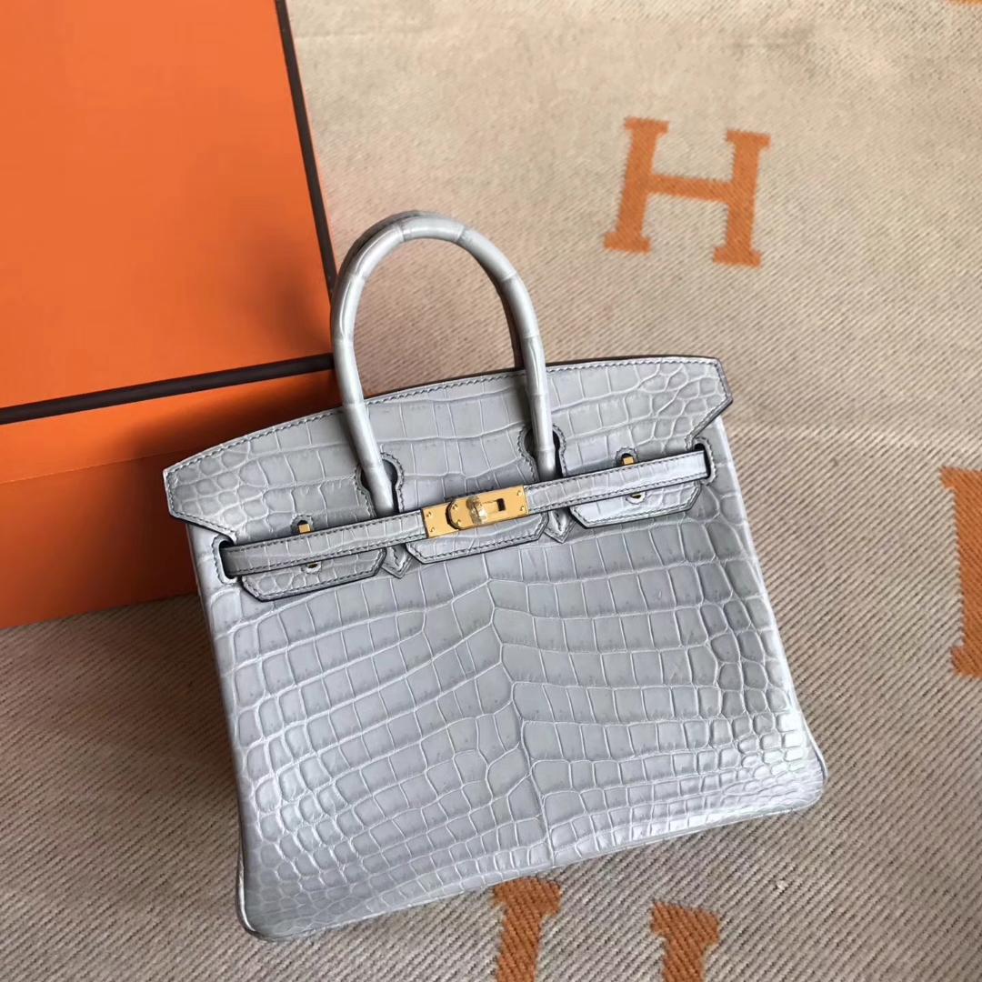 High Quality Hermes Galaxy Grey Matt Crocodile Birkin Tote Bag25CM Gold Hardware