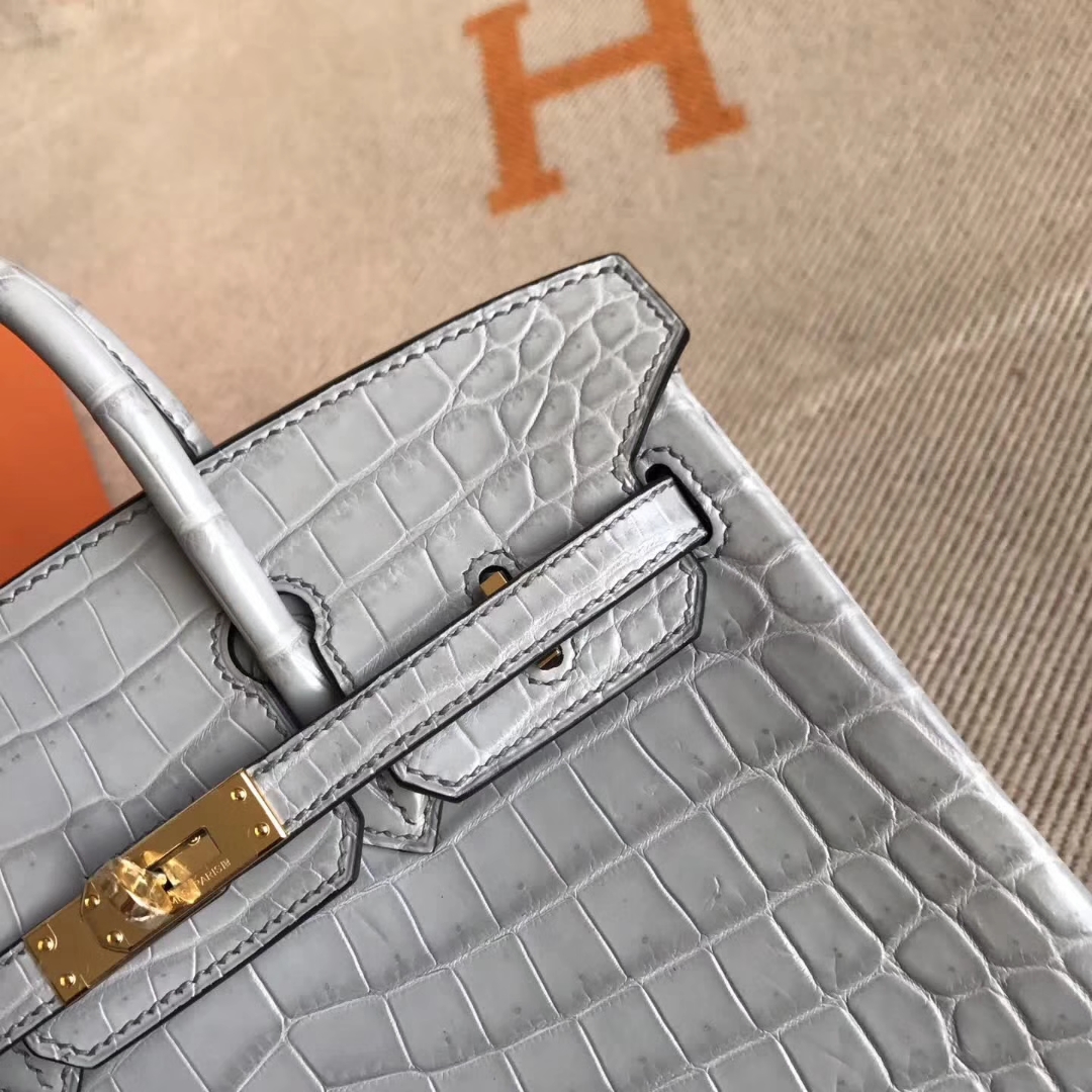 High Quality Hermes Galaxy Grey Matt Crocodile Birkin Tote Bag25CM Gold Hardware