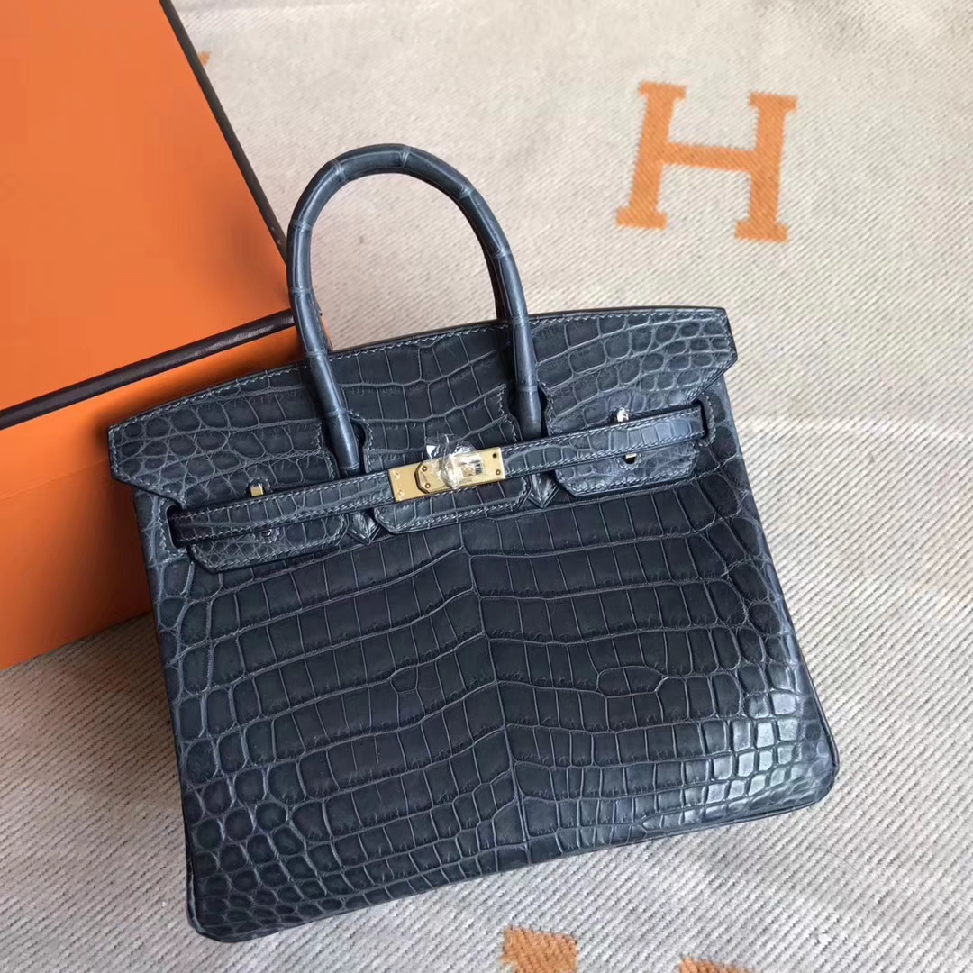 Sale Hermes Etain Grey Crocodile Matt Birkin25CM Tote Bag Gold Hardware