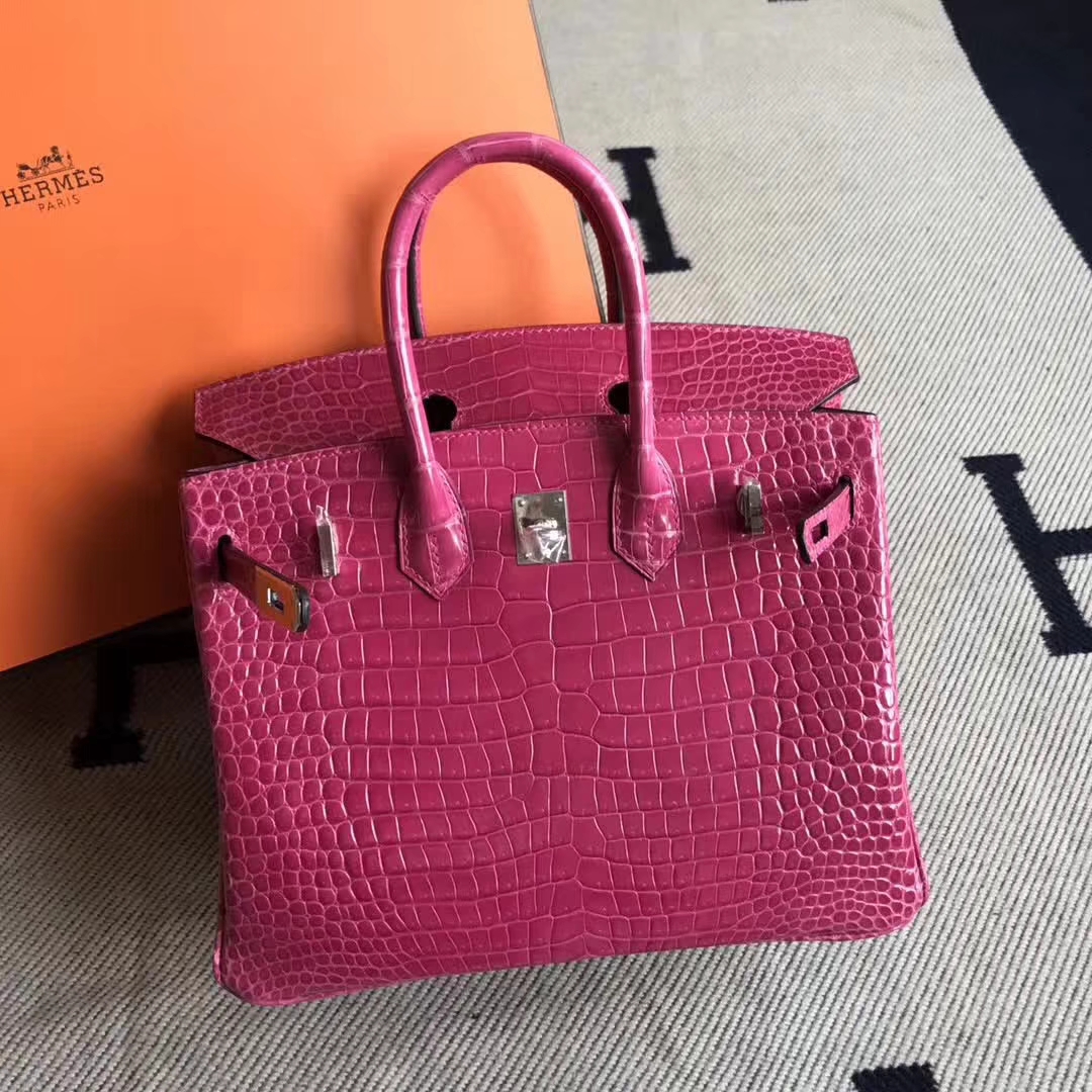 Pretty Hermes 5J Peach Pink Porosus Shiny Crocodile Birkin Bag25CM