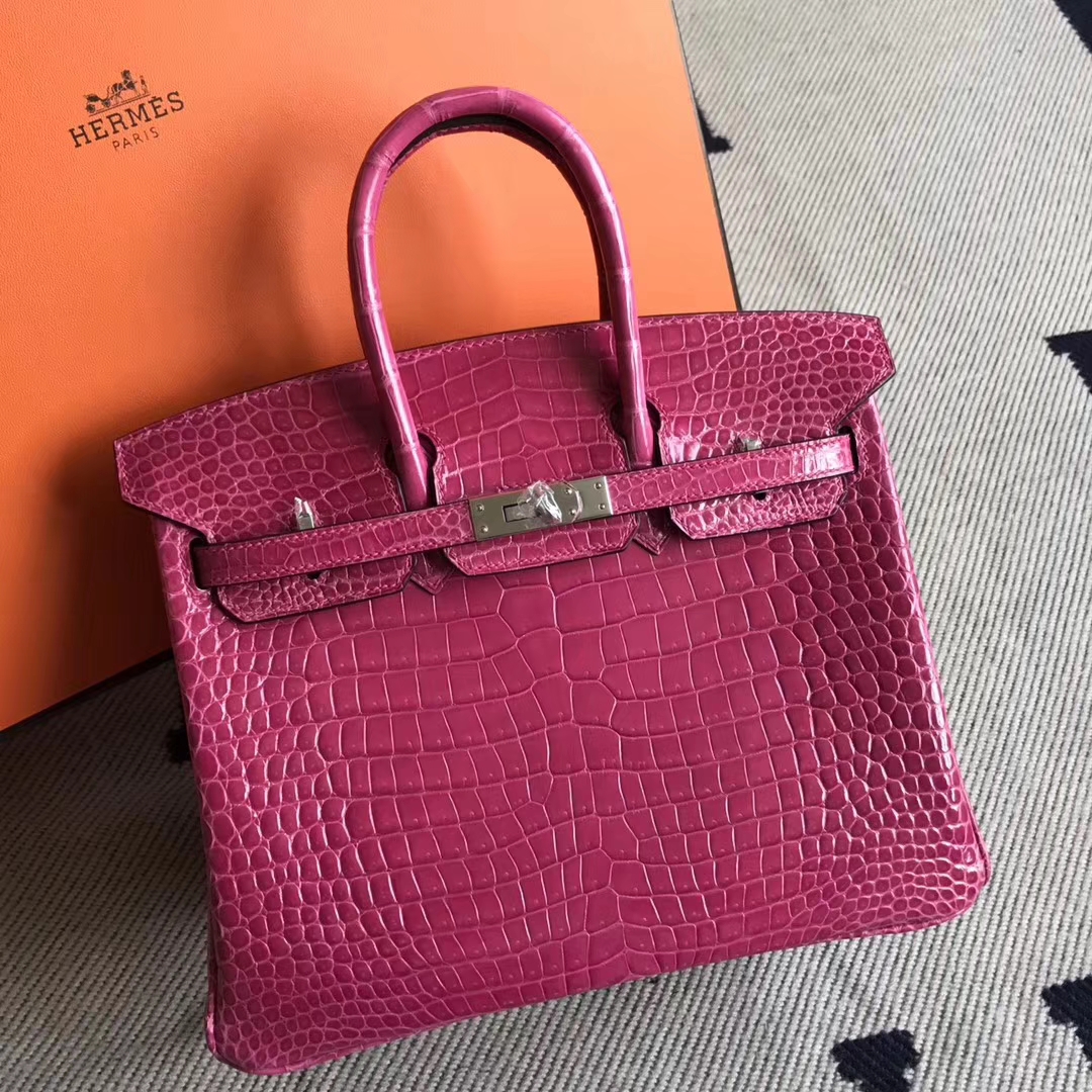 Pretty Hermes 5J Peach Pink Porosus Shiny Crocodile Birkin Bag25CM