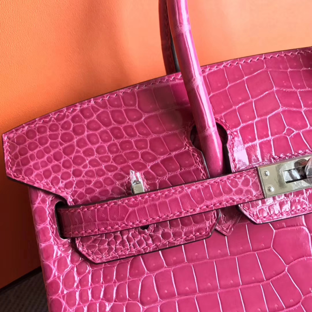 Pretty Hermes 5J Peach Pink Porosus Shiny Crocodile Birkin Bag25CM