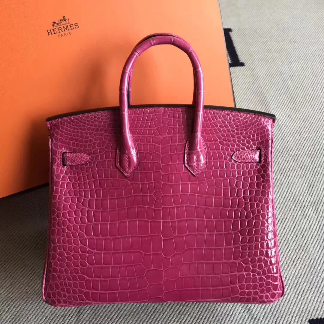 Pretty Hermes 5J Peach Pink Porosus Shiny Crocodile Birkin Bag25CM