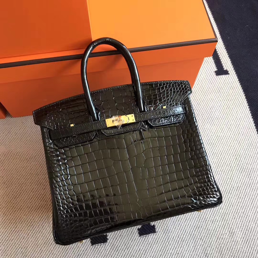 Luxury Hermes Porosus Shiny Crocodile Birkin25CM Bag in CK89 Black