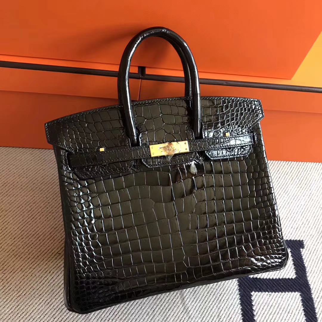 Luxury Hermes Porosus Shiny Crocodile Birkin25CM Bag in CK89 Black