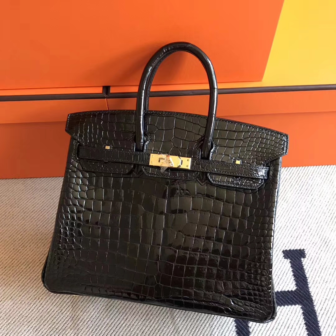 Luxury Hermes Porosus Shiny Crocodile Birkin25CM Bag in CK89 Black