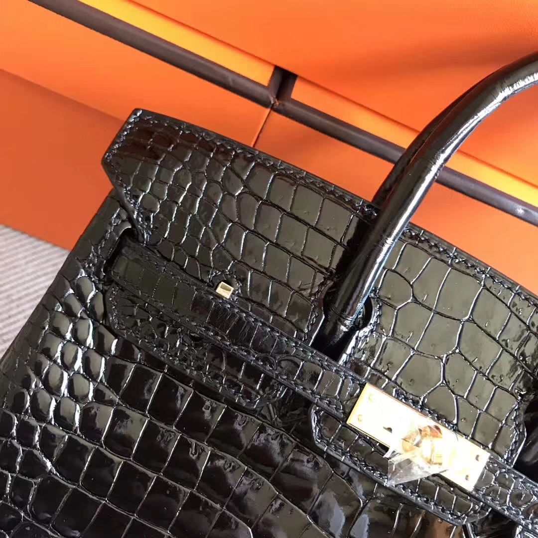Luxury Hermes Porosus Shiny Crocodile Birkin25CM Bag in CK89 Black