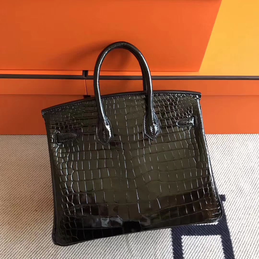 Luxury Hermes Porosus Shiny Crocodile Birkin25CM Bag in CK89 Black