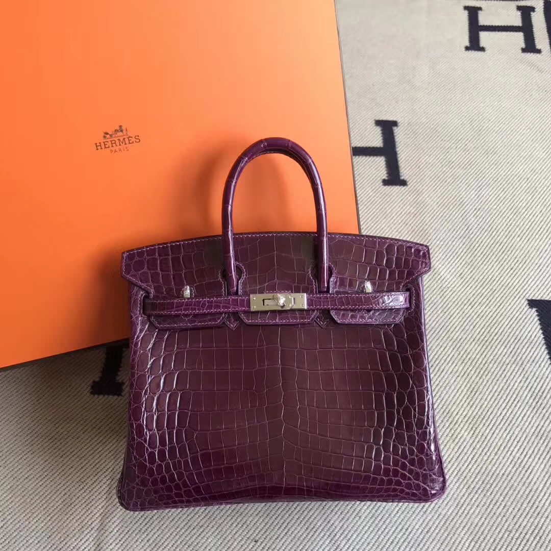 Discount Hermes 5C Violet Crocodile Shiny Leather Birkin Tote Bag25CM
