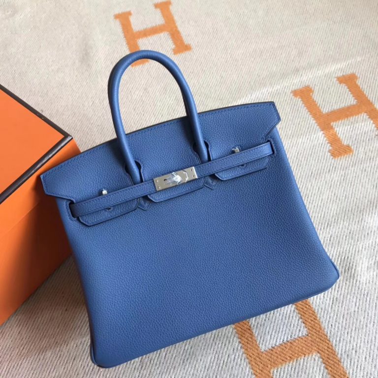 Hermes Togo Calfskin Leather Birkin Bag 25CM in 7W Blue Izmir
