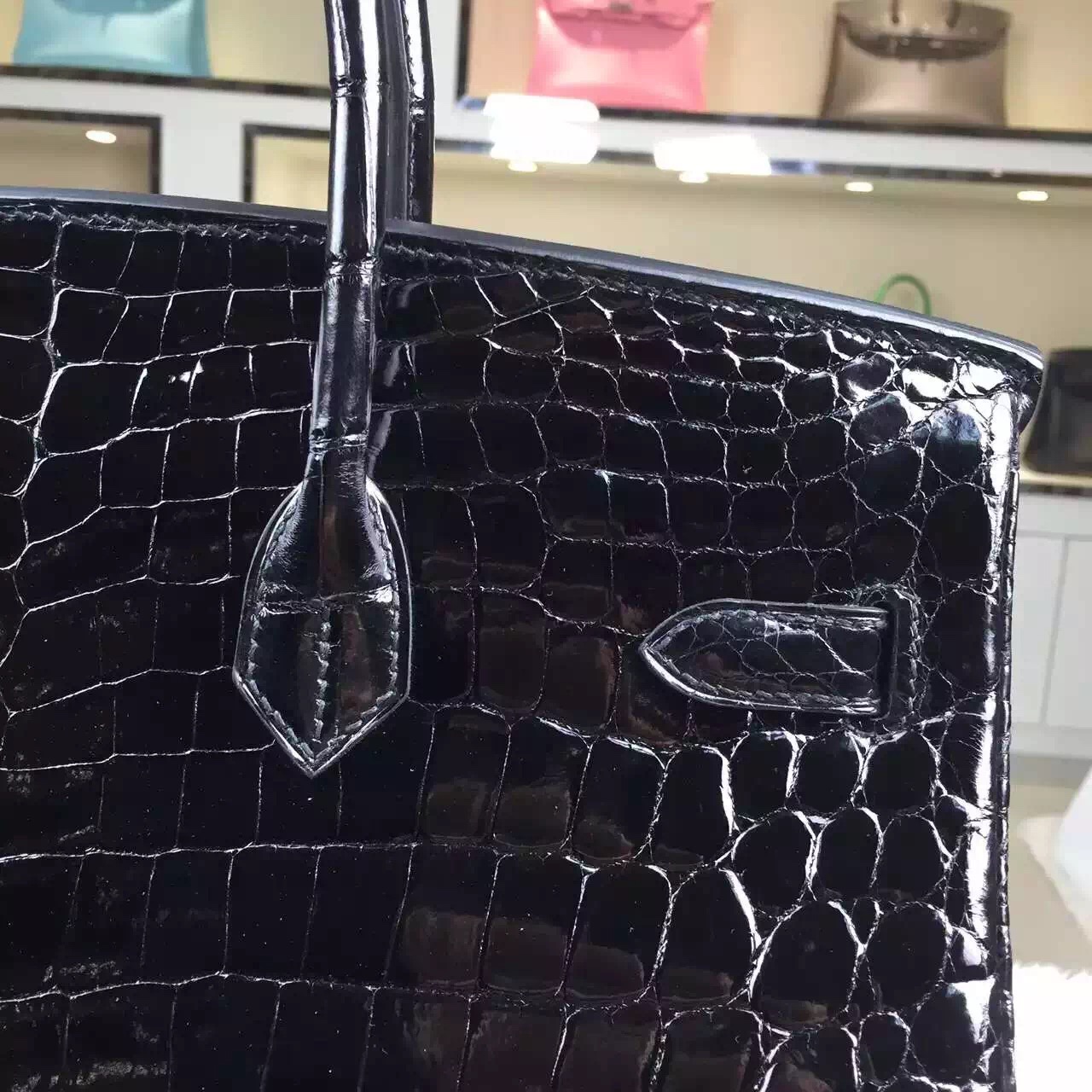 High Quality Hermes Black Crocodile Shiny Leather Birkin Bag35CM Gold Hardware