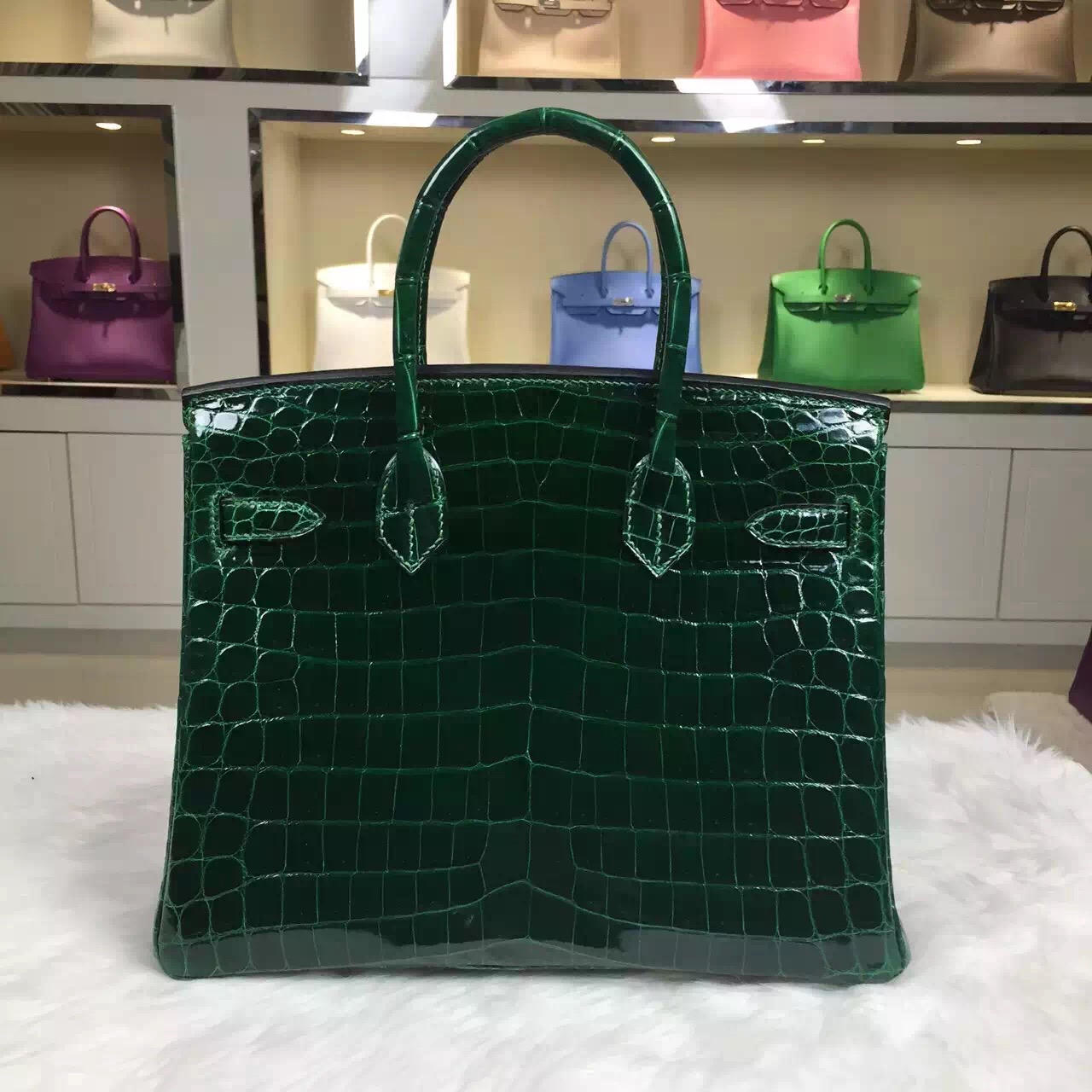 Hand Stitching Hermes Birkin30CM CK67 Emerald Green HCP Crocodile Leather Women&#8217;s Handbag