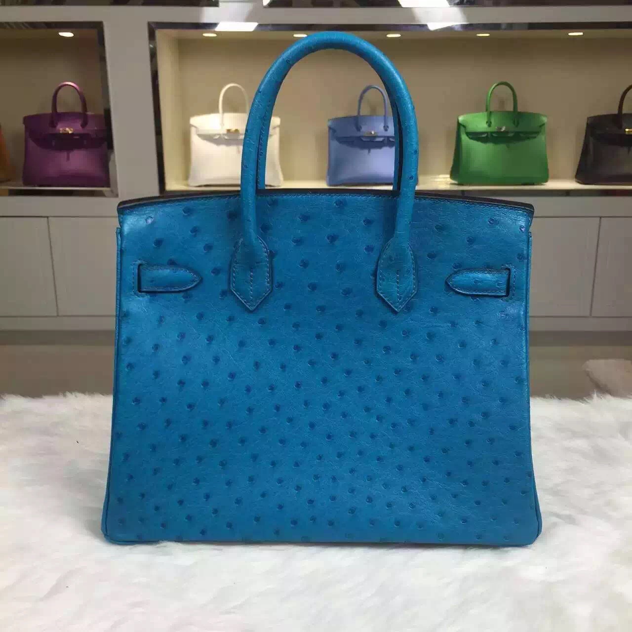 High Quality Hermes 7W Blue Izmir Original Ostrich Leather Birkin Bag 30CM
