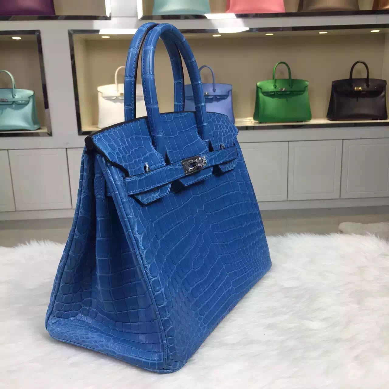 Hermes 7Q Mykonos Blue Original Crocodile Leather Birkin Bag 30cm Silver Hardware