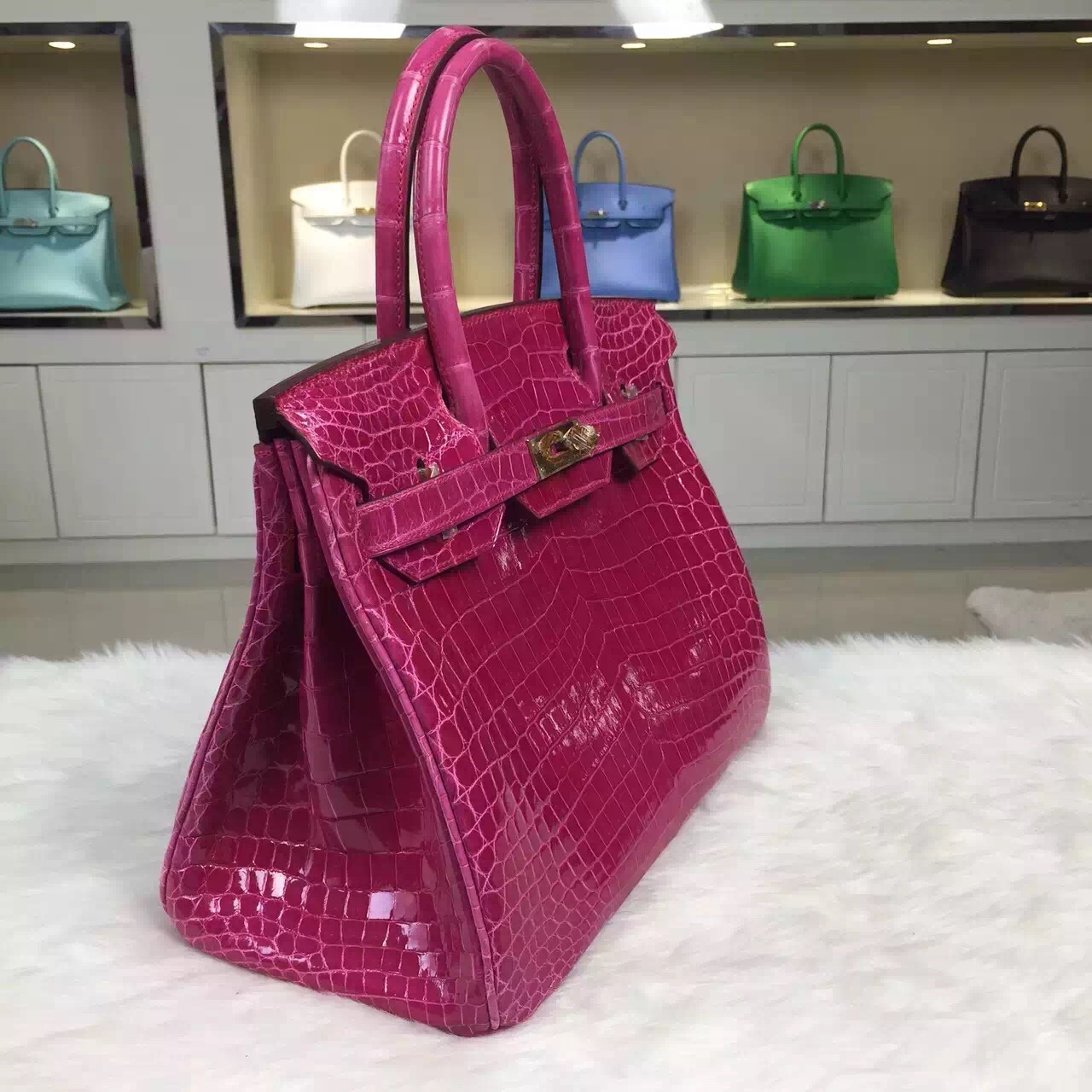 Wholesale Hermes Nicotious Crocodile Skin Birkin Bag 30CM in 5J Hot Pink