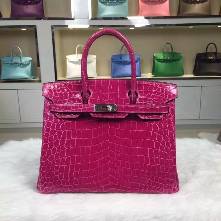 2015 Womens Handbag Hermes J5 Rose Scheherazade Nicotious Crocodile Skin Birkin 30CM