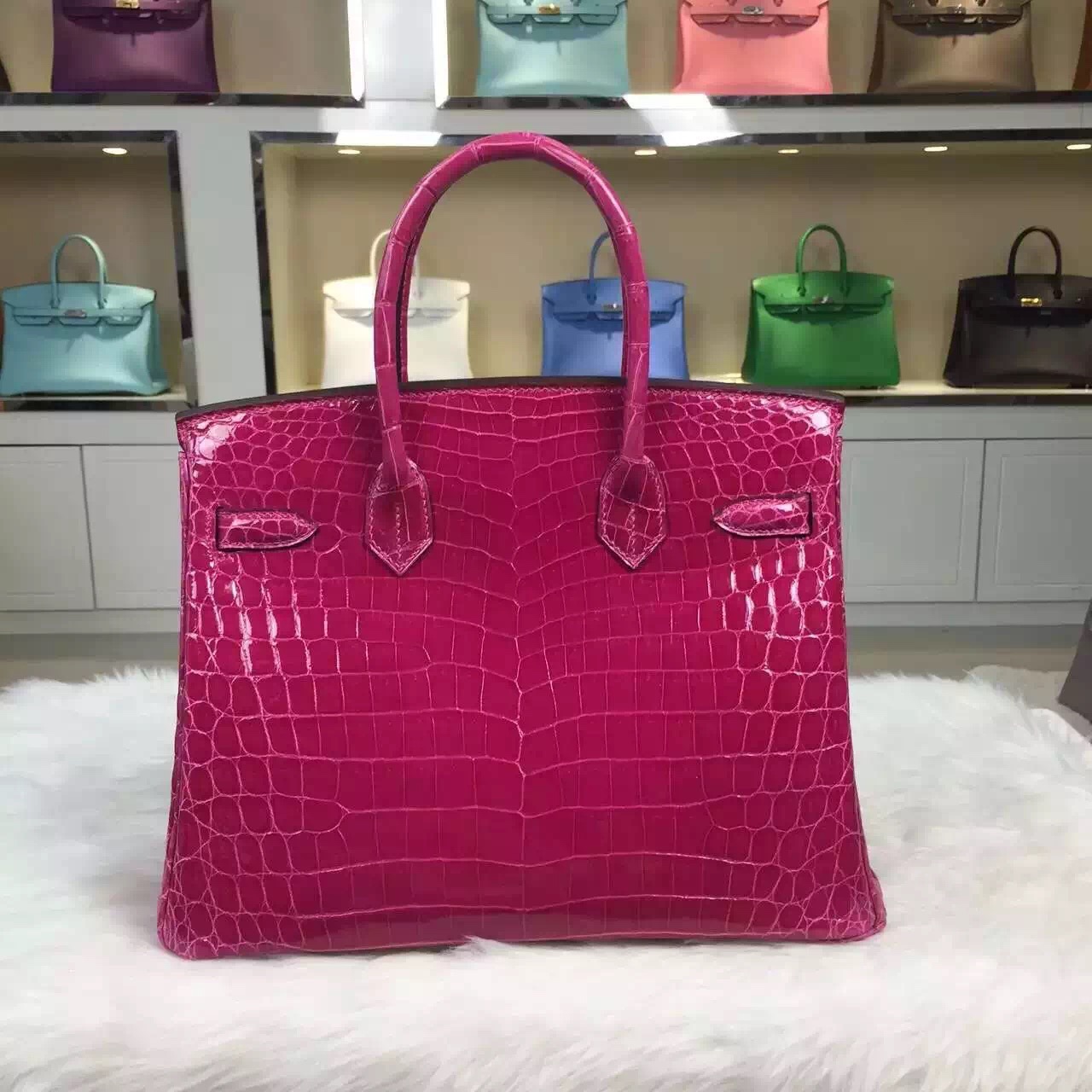 2015 New Women’s Handbag Hermes J5 Rose Scheherazade Nicotious Crocodile Skin Birkin30CM