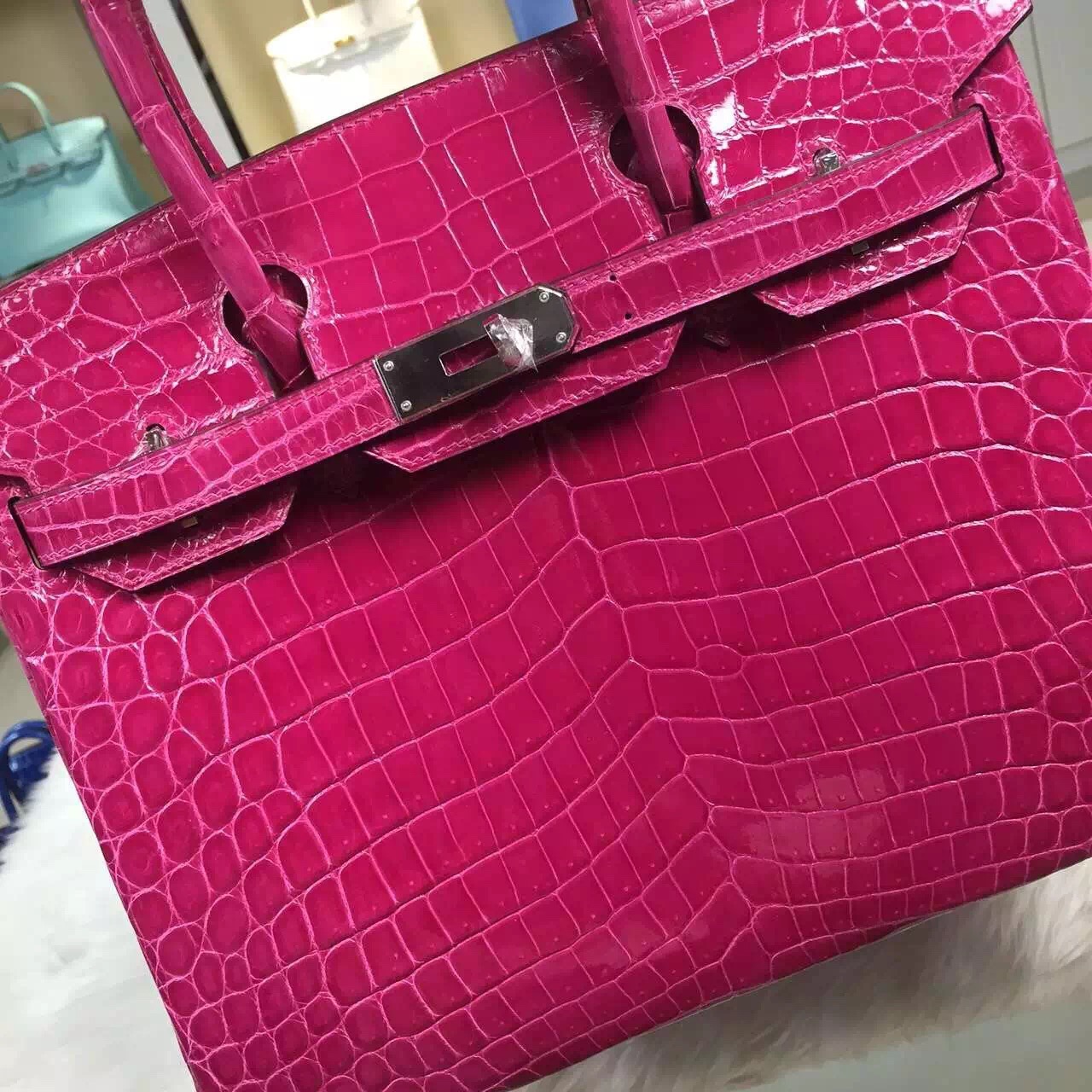 2015 New Women’s Handbag Hermes J5 Rose Scheherazade Nicotious Crocodile Skin Birkin30CM