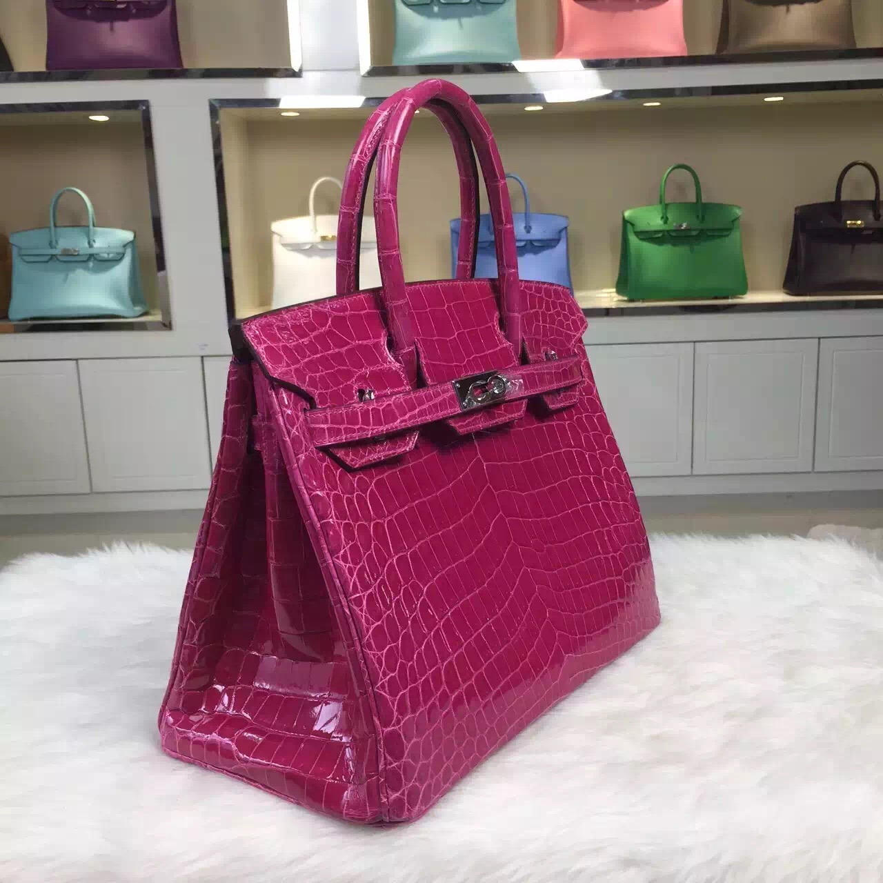 2015 New Women’s Handbag Hermes J5 Rose Scheherazade Nicotious Crocodile Skin Birkin30CM