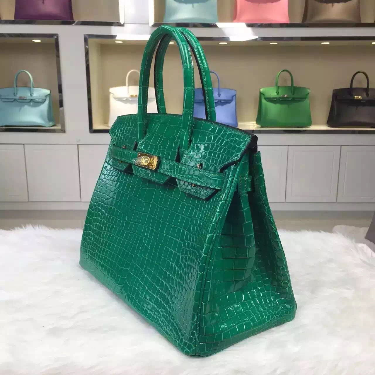 Hot Sale Hermes 6Q Emerald Green Porosus Crocodile Leather Birkin Bag 30CM
