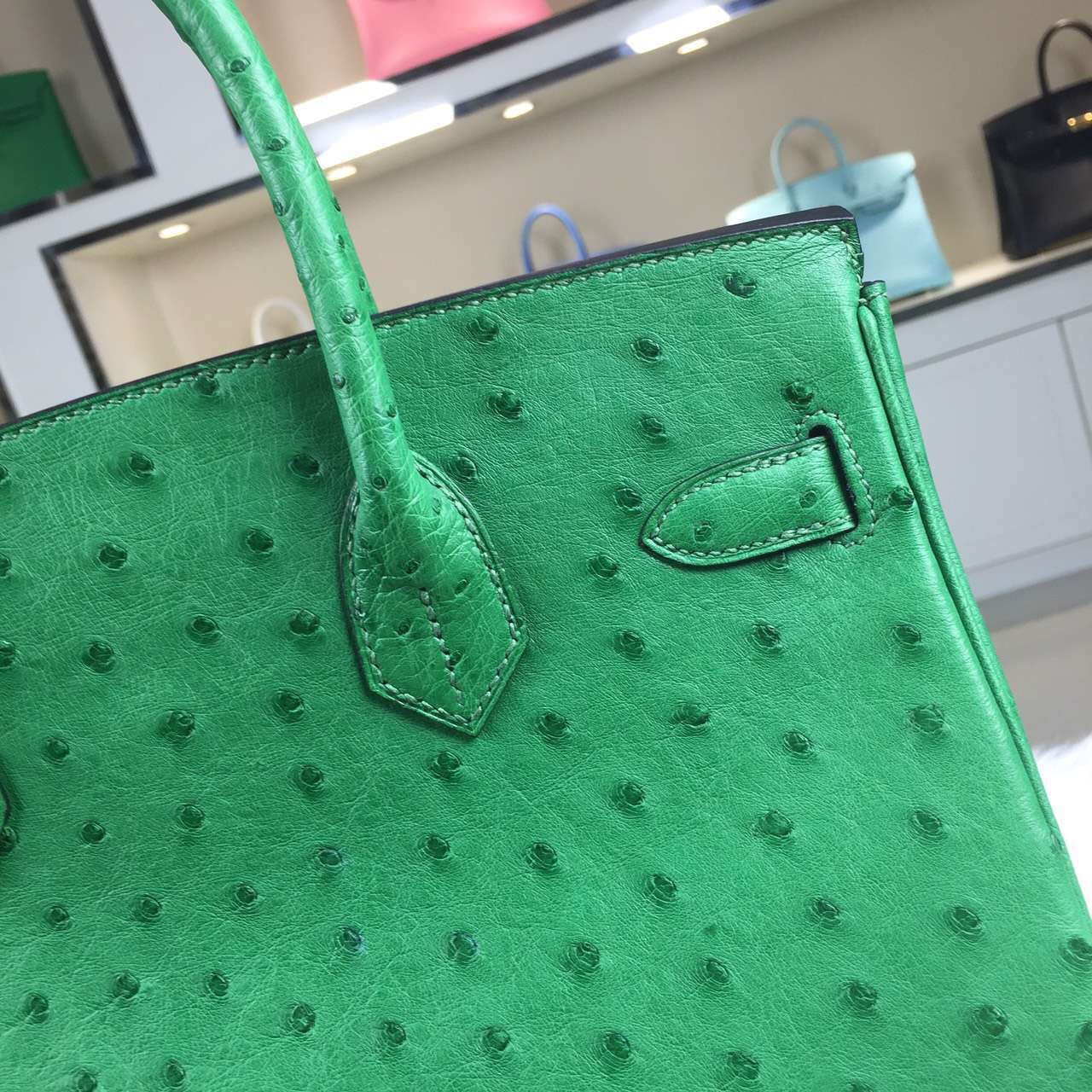 Online Shopping Hermes Ostrich Leather Birkin Bag 30CM in 1K Bamboo Green Ladies&#8217; Tote