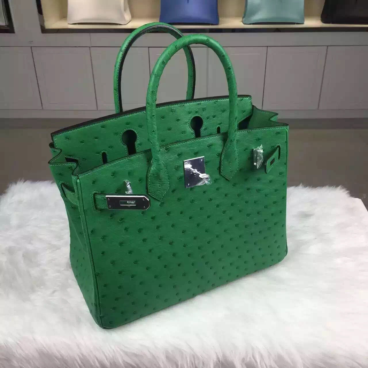 Online Shopping Hermes Ostrich Leather Birkin Bag 30CM in 1K Bamboo Green Ladies&#8217; Tote