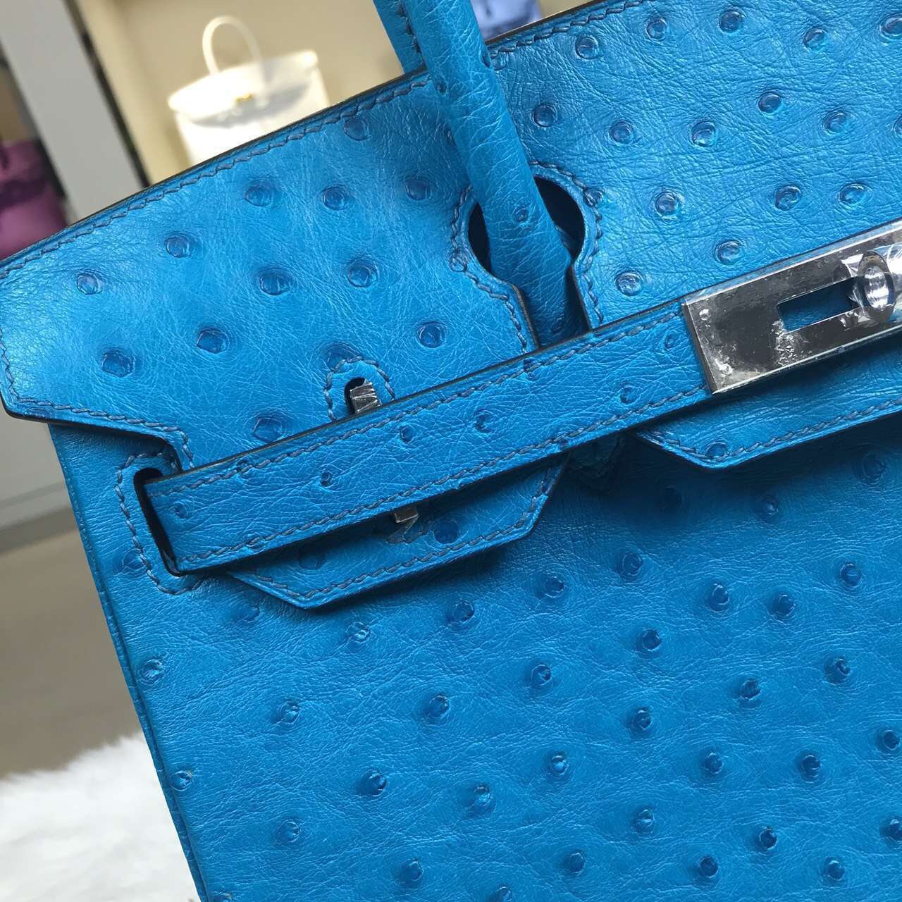 Hand Stitching Hermes 7W Blue Izmir Original Ostrich Leather Birkin Bag 30cm