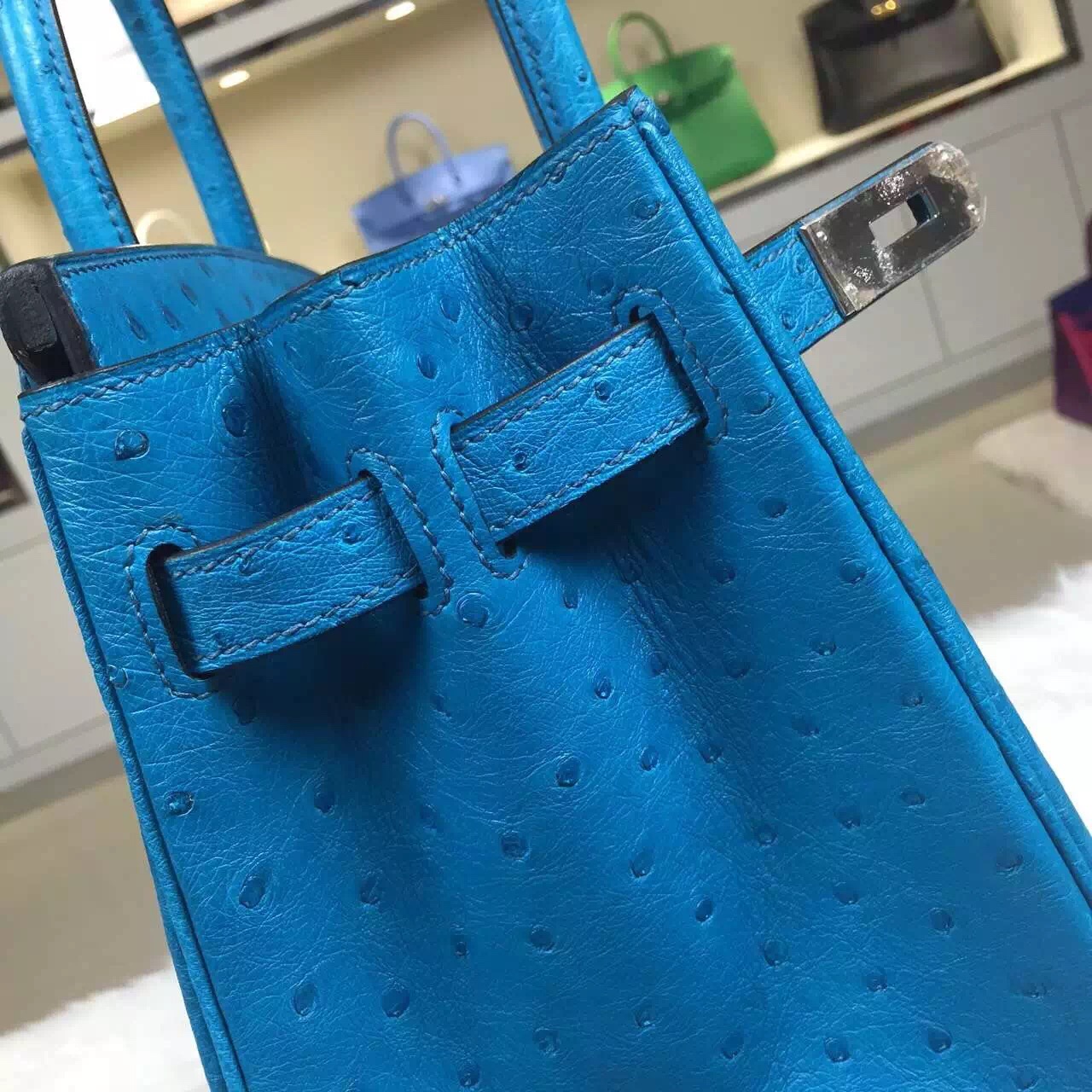 Hand Stitching Hermes 7W Blue Izmir Original Ostrich Leather Birkin Bag 30cm