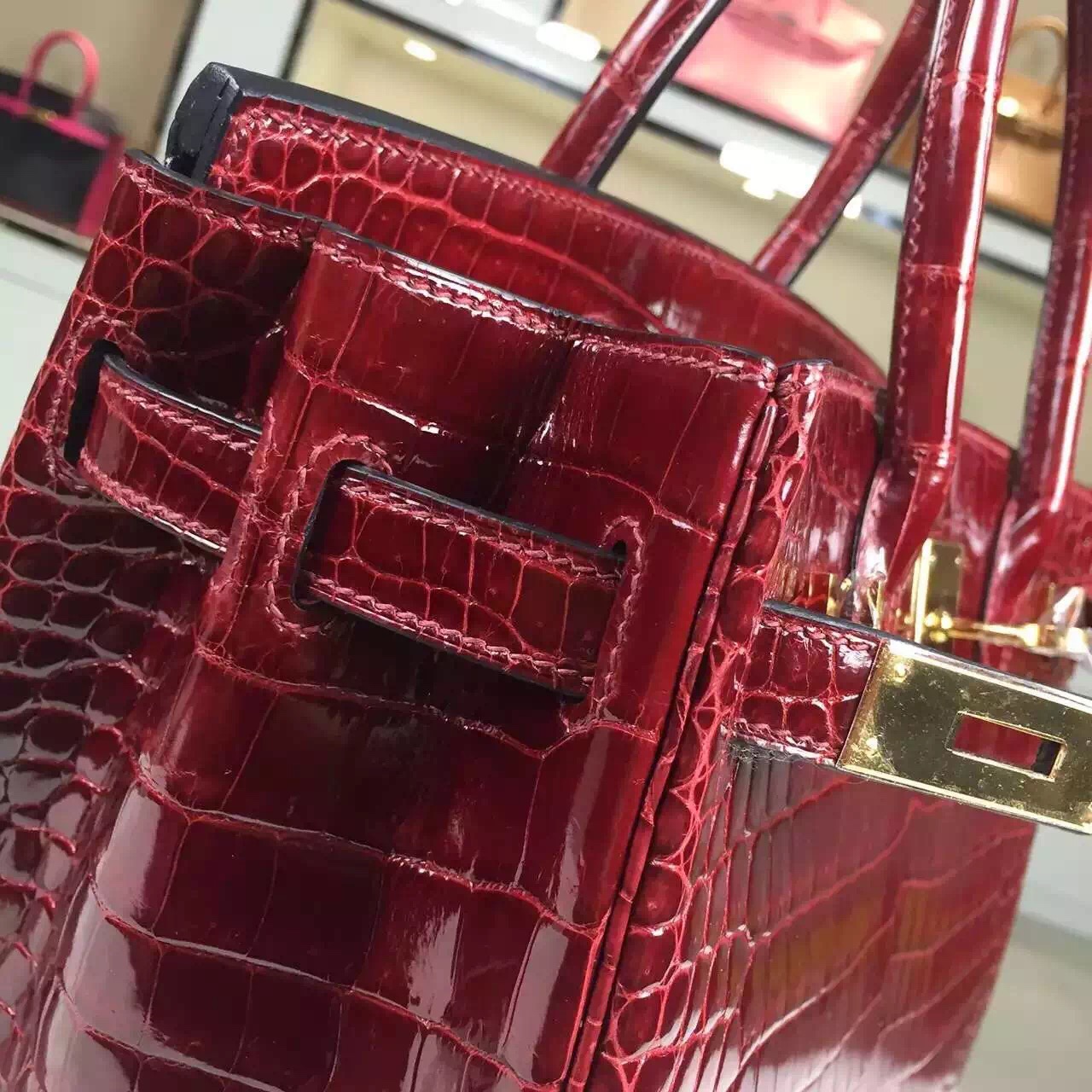 Wholesale Hermes Wine Red Original Crocodile Leather Birkin Bag 30cm Gold Hardware