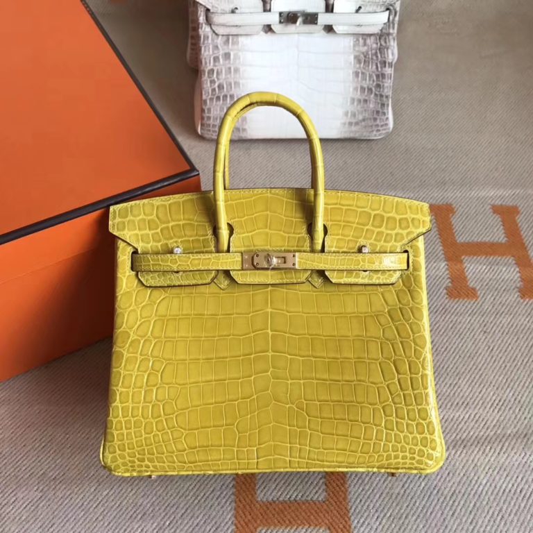 Hermes Crocodile Shiny Leather Birkin Bag 25CM in 9R Lemon Yellow Gold Hardware