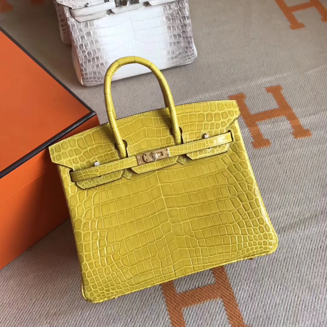 Hermes Crocodile Shiny Leather Birkin Bag25CM in 9R Lemon Yellow Gold Hardware