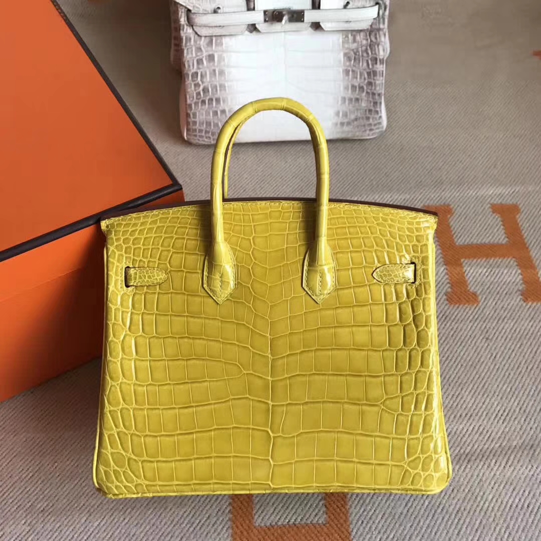 Hermes Crocodile Shiny Leather Birkin Bag25CM in 9R Lemon Yellow Gold Hardware