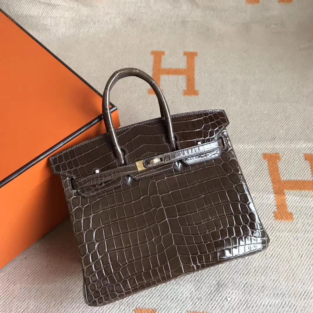 On Sale Hermes Brown Crocodile Shiny Leather Birkin Bag25CM Gold Hardware